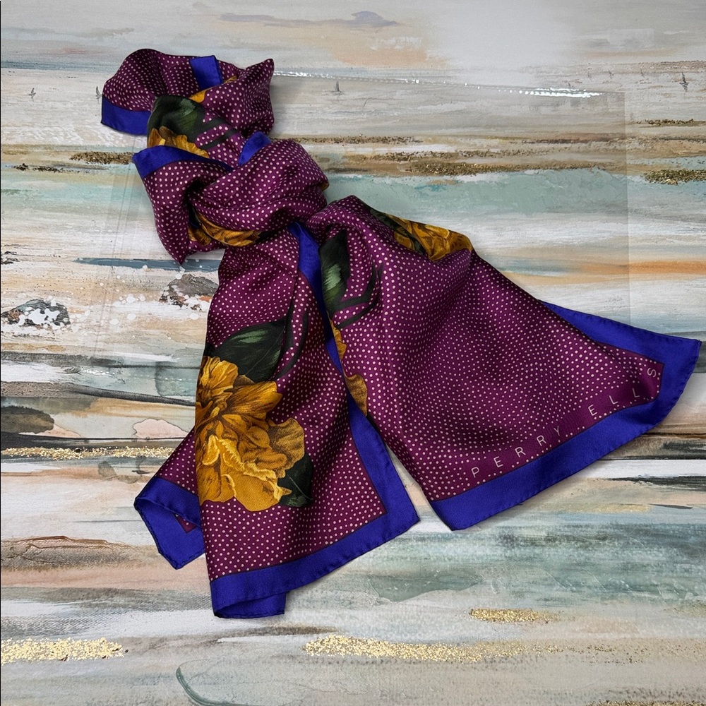 Vintage Perry Ellis Purple and Gold Floral Long Scarf